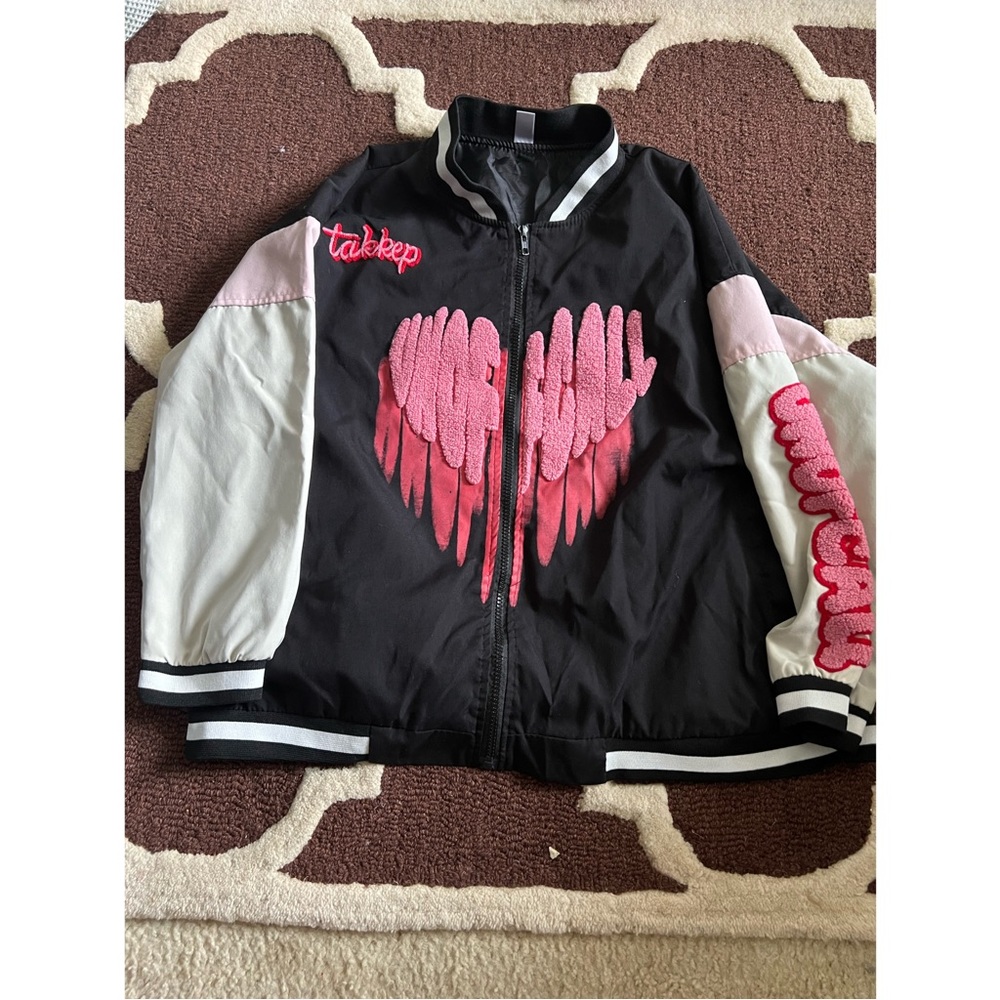 graffiti embroidered love varsity jacket  large